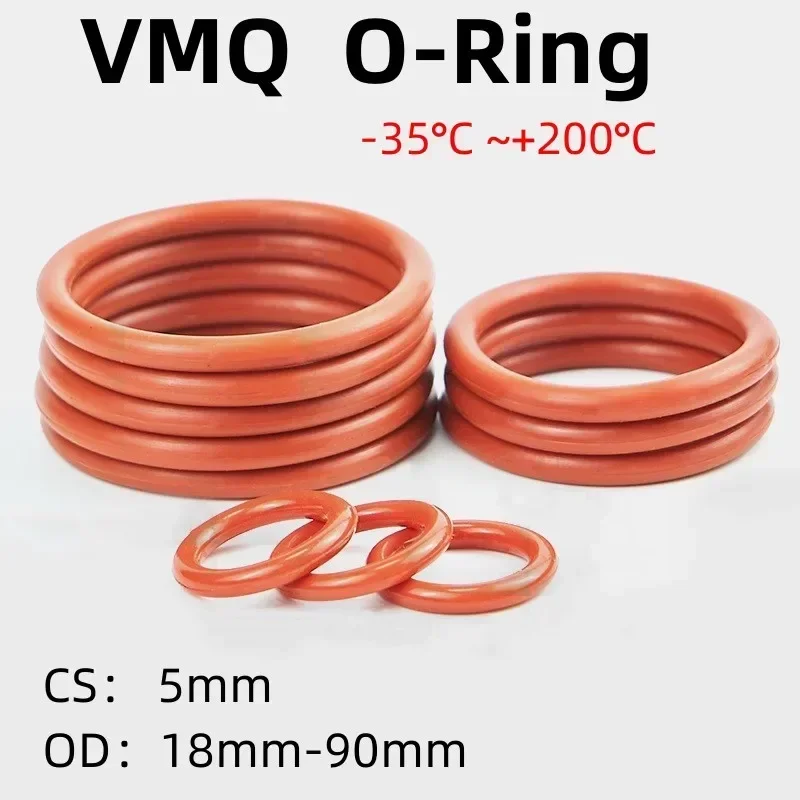 10/20/50Pcs VMQ 식품 등급 빨간색 실리콘 O 링 OD18mm-90mm 두께 CS 5mm 링 와셔 가스켓 방수 및 내열성