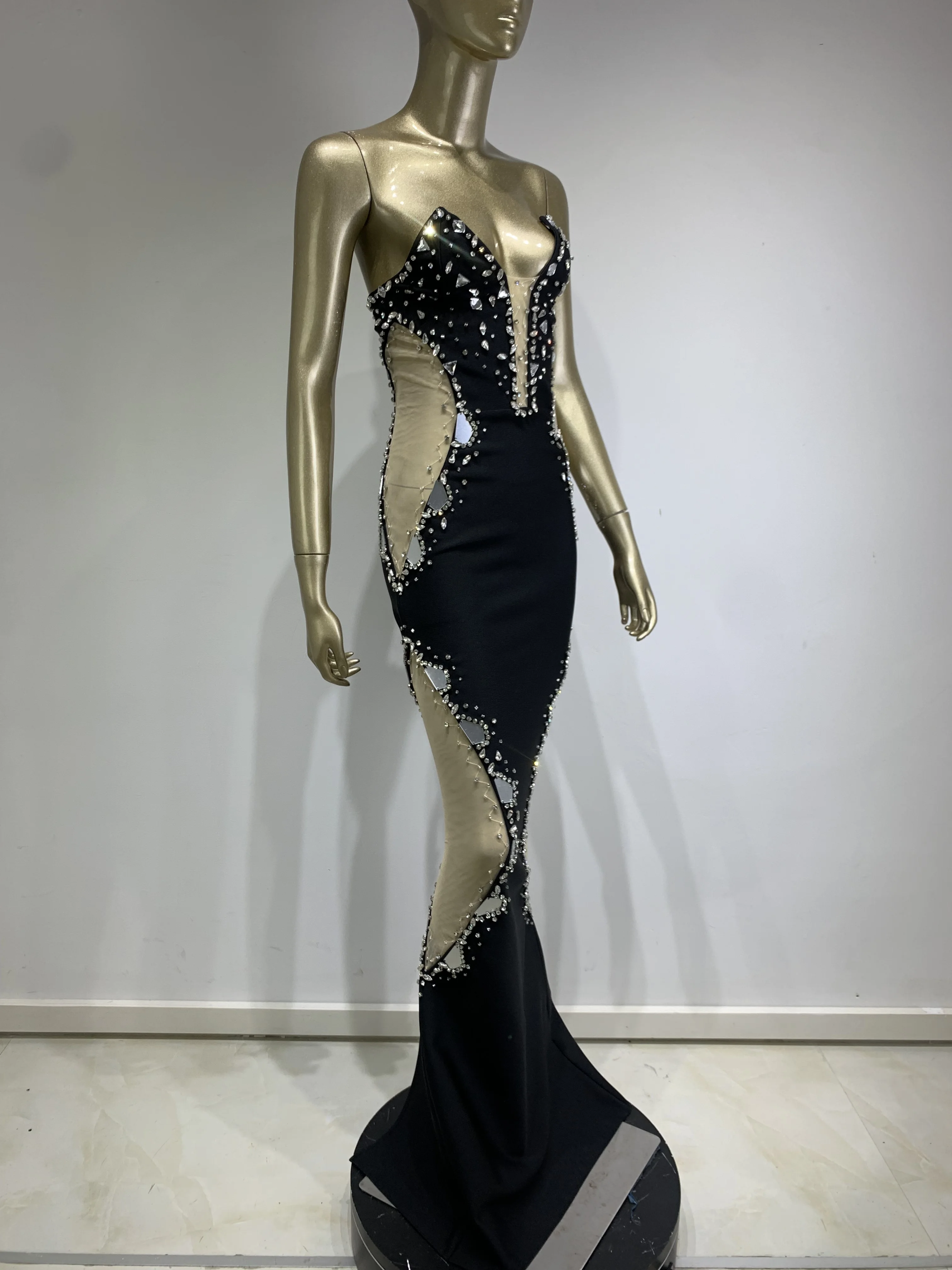 Women Celebrity Sexy Strapless Backless Mirror Black Maxi Long Bodycon Bandage Dress 2024 Elegant Evening Club Party Dress