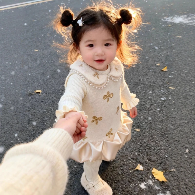 

2025 New Winter Hot Selling Soft and Warm Solid Color Base Shirt and Lotus Collar Butterfly Knot Knitted Dress