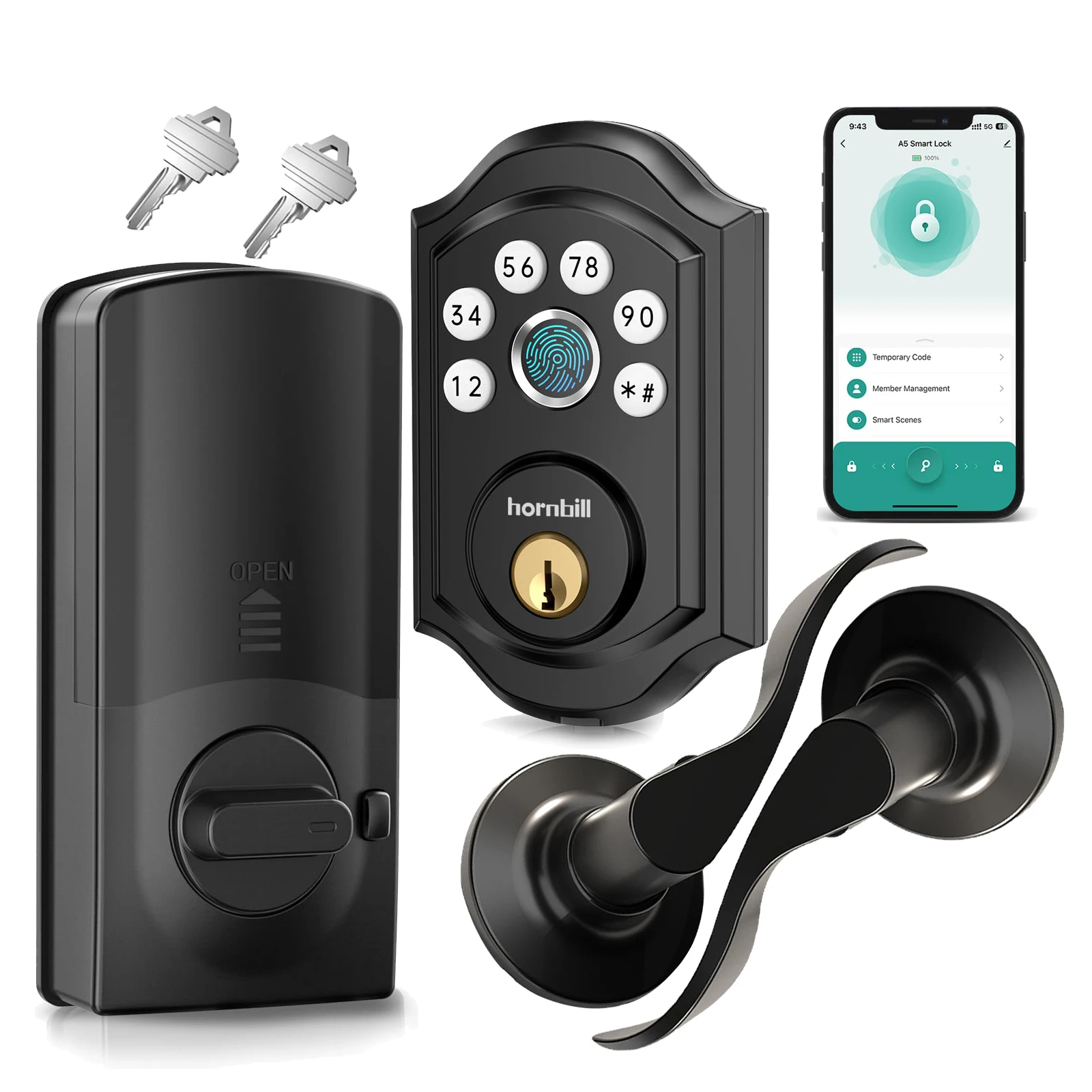 Hornbill A5 Smart Deadbolt Lock Fingerprint With Door Handles Electronic Digital Locks Set Keyless Entry Door Lock For Home Safe