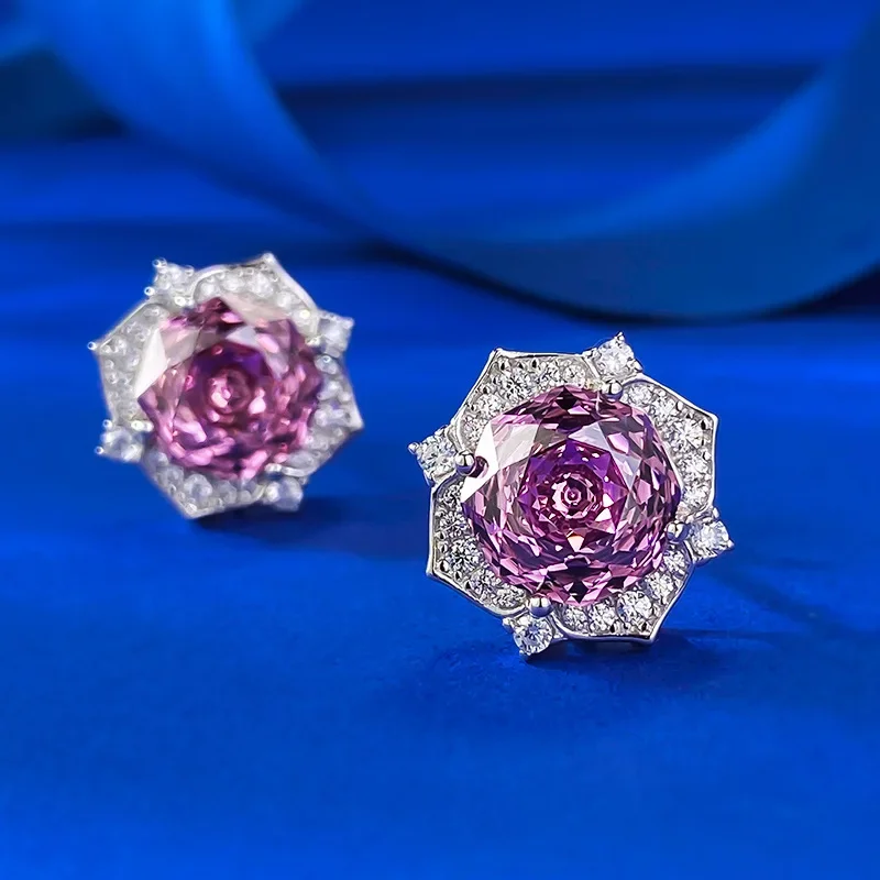 2024 New Light Luxury Jewelry S925 Silver Ear Nail 8.0mm Rose Purple Millennium Cutting Stone Fashion Item