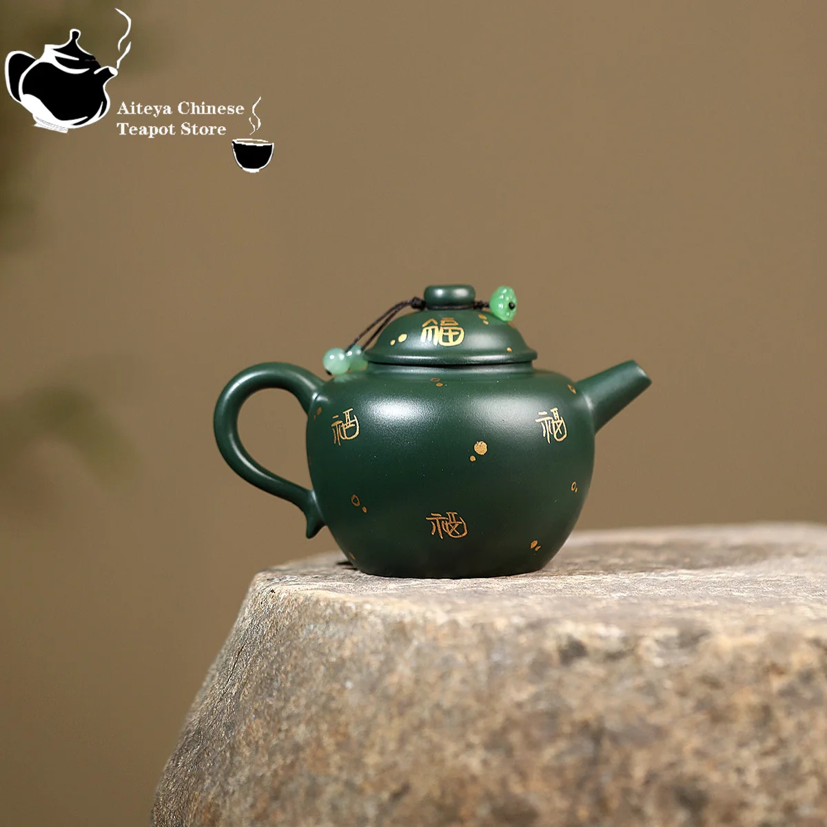 Yixing purple clay teapot, original ore, dark green mud sprinkled with gold round beads, Chinese tea set