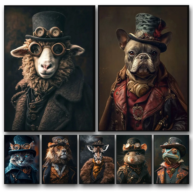 Affiches et tableaux imprimés vintage steampunk avec portraits d'animaux, art mural rétro animalier sur toile pour salon et décoration intérieure