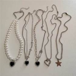 Kpop Vintage Goth Punk Heart Pendant Chain Pearl Metal Necklace For Women Collares Aesthetic Grunge EMO Jewelry Y2K Accessories