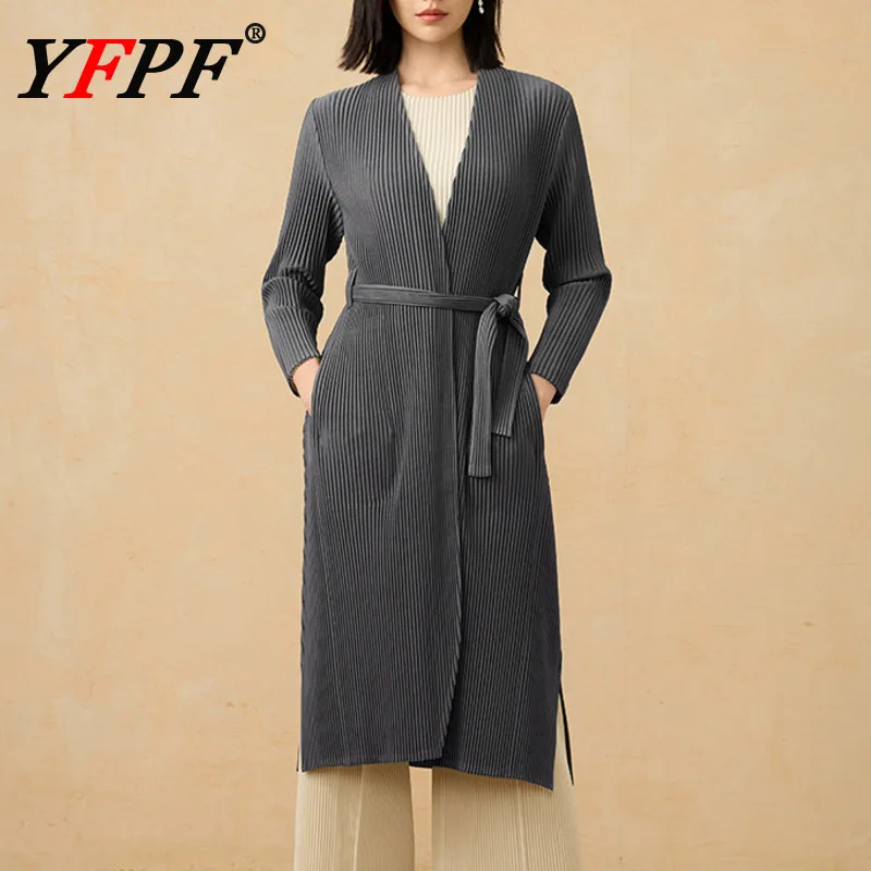

YFPF 2025 Autumn New Coat For Women Miyake Pleated Fashion V Neck Bandage Gathered Waist Windbreaker Office Lady Clothing