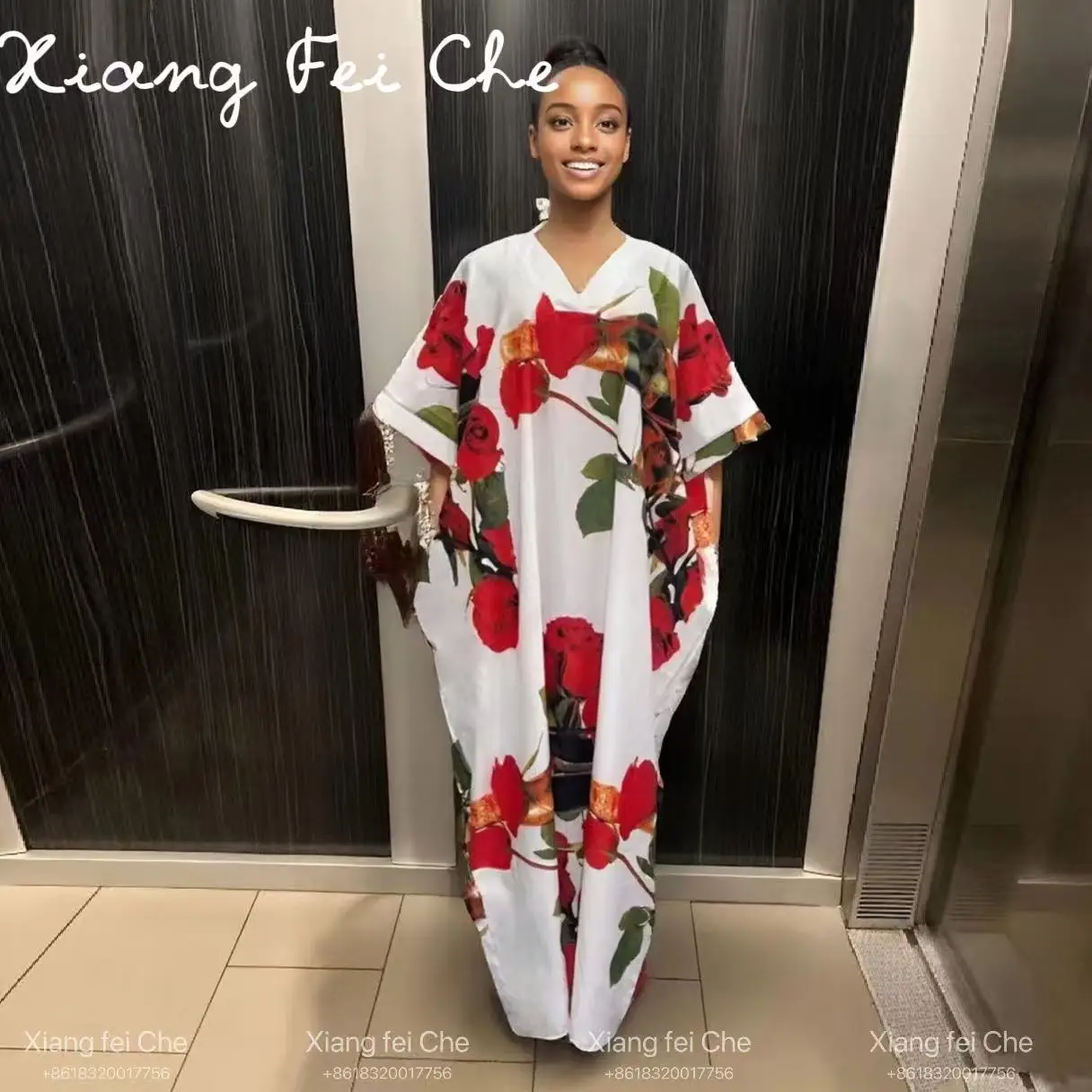 

2025 New Fashionable Elegant Women's Summer Loose Maxi Dress V-Neck African Floral Print Polyester Pocket Style V-Neck