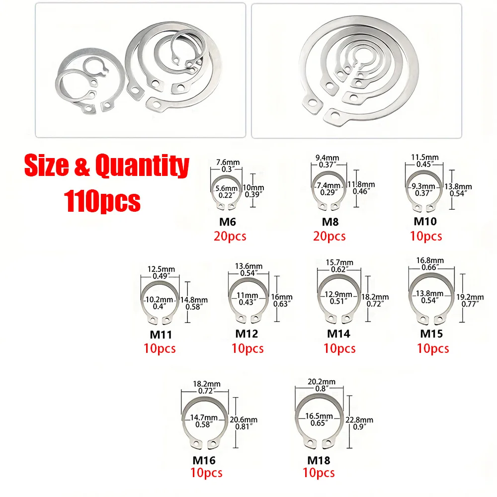 110-Piece C-Clamp Outer Retaining Ring Kit, 304 Stainless Steel Coil Shaft Sorting Kit M6 M8 M10 M11 M12 M14 M15 M16 M18