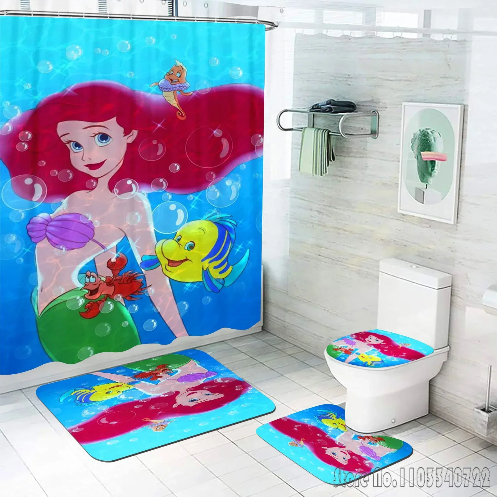 Mermaid Ariel Shower Curtain Skeleton Bathroom Accessories Decor Sets Full Set Luxury 4 Piece Mats And Waterproof Anime Home