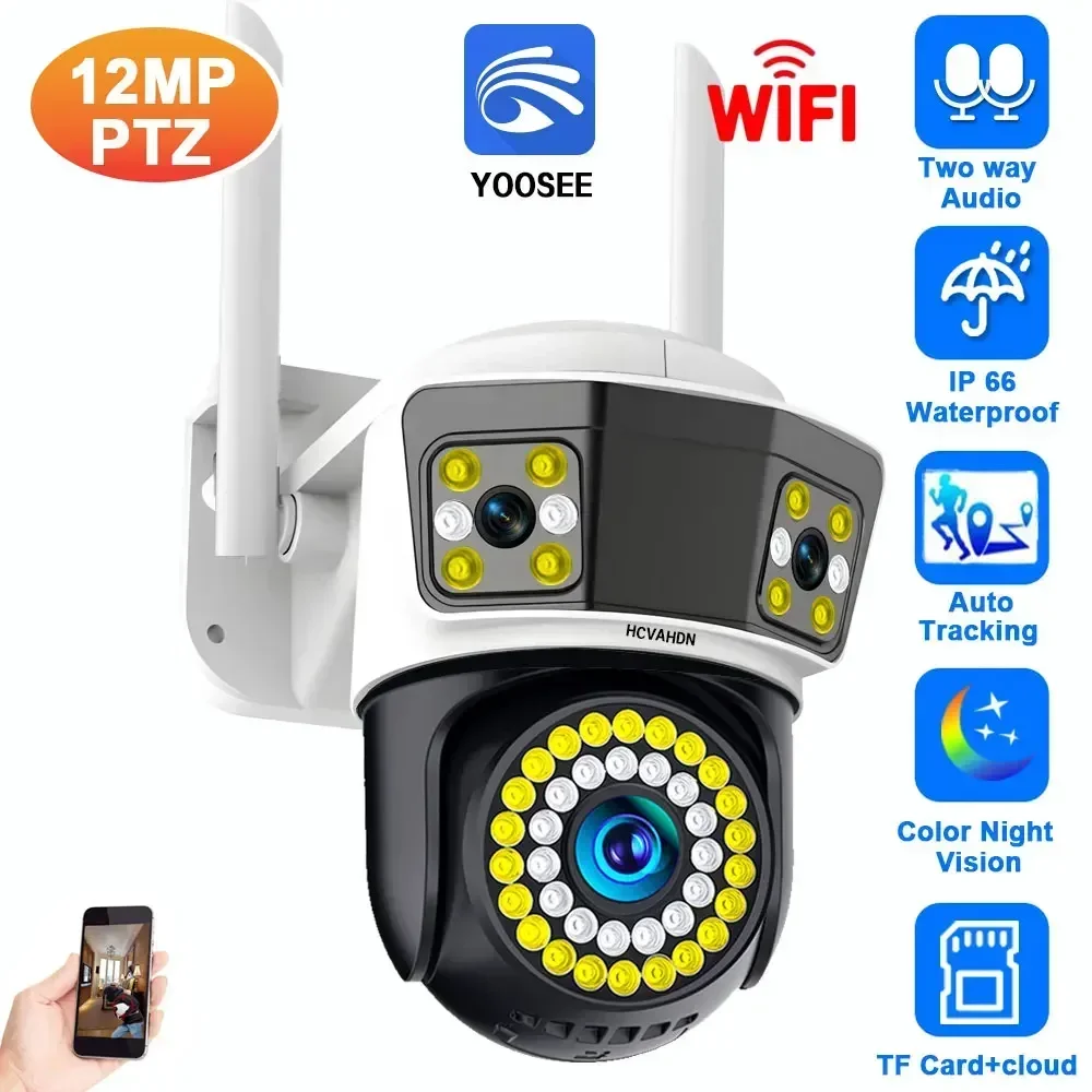 12MP 6K WIFI IP Outdoor Camera Auto Tracking PTZ Video Surveillance Camera Three Lens Three Screen Waterproof Security System