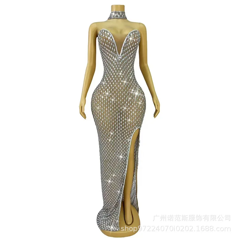 

French Elegant Silver Nude Sexy High Split Dress Annual Meeting Ladies Premium Dress Model Walk Show Court Dress Vestido De Gala