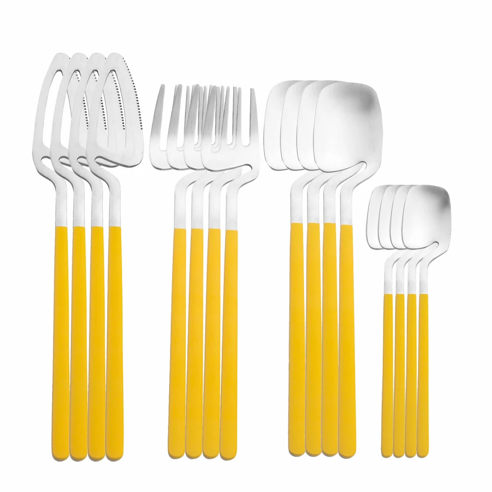 New Yellow Handle Matte SIlver Dinnerware Set 304 Stainless Steel  Knife Fork Spoon Tableware Set Kitchen Cutlery Flatware Set