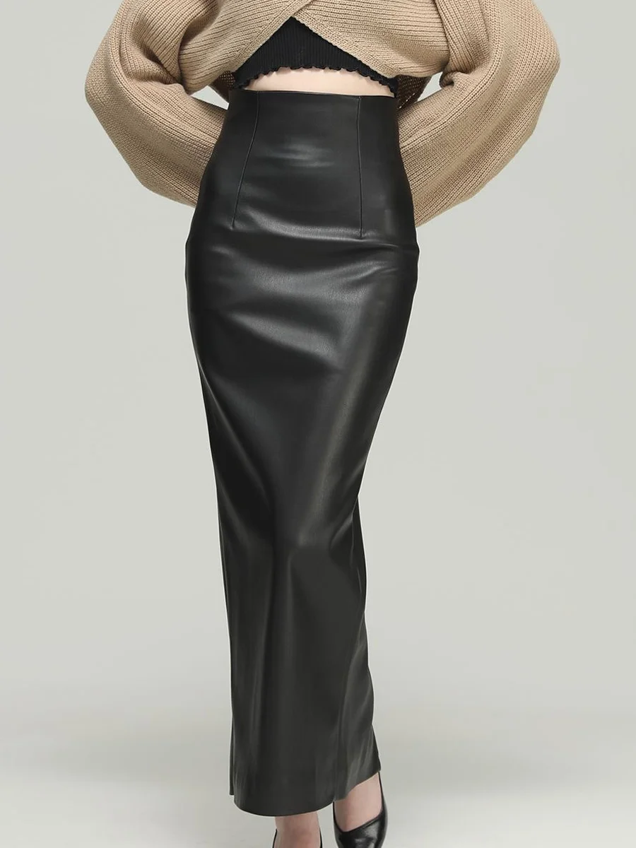 

High Waist PU Leather Skirt Women's Slimming Wrap around Long Skirt Black Color Spring New Style Commuter Half Length Skirt