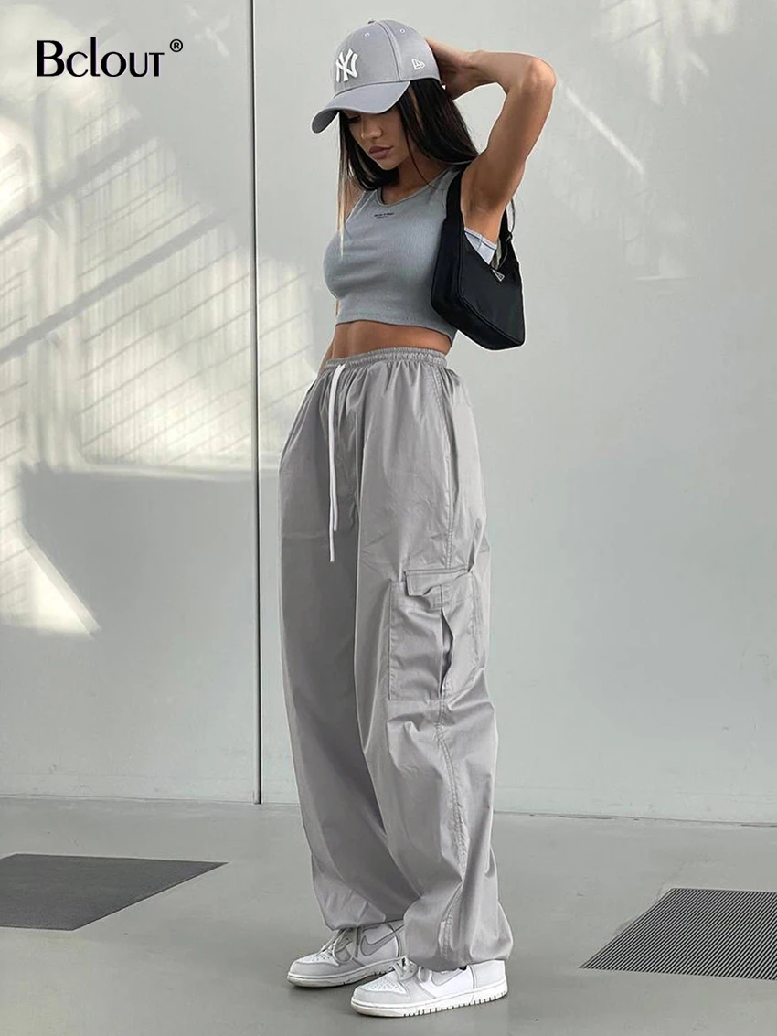 

Bclout Fashion Gray Cargo Pants Women 2024 Spring Khaki Thin Pockets Loose Long Pants Streetwear Solid Party Drawstring Trousers