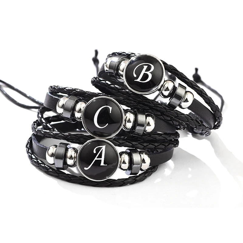 Fashion 26 Letters PU Leather Bracelets Multilayer A-Z Name Initials Bracelet For Men Wrist Accessories Jewelry Birthday Gifts