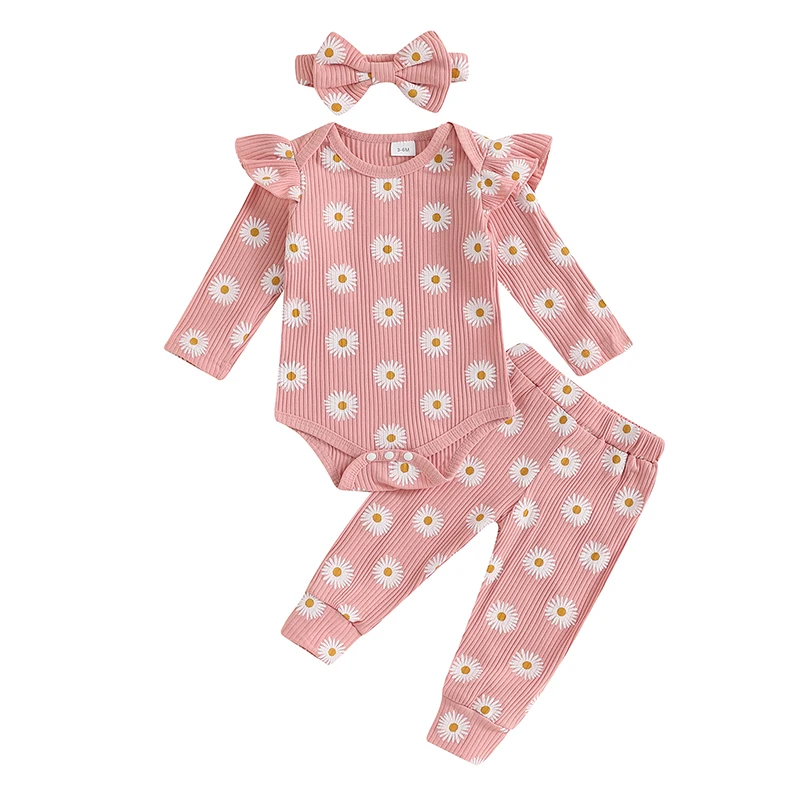 

Infant Girls Autumn Apparel Floral Print Jumpsuit Trousers Hairband Set Toddler Clothing Ensemble