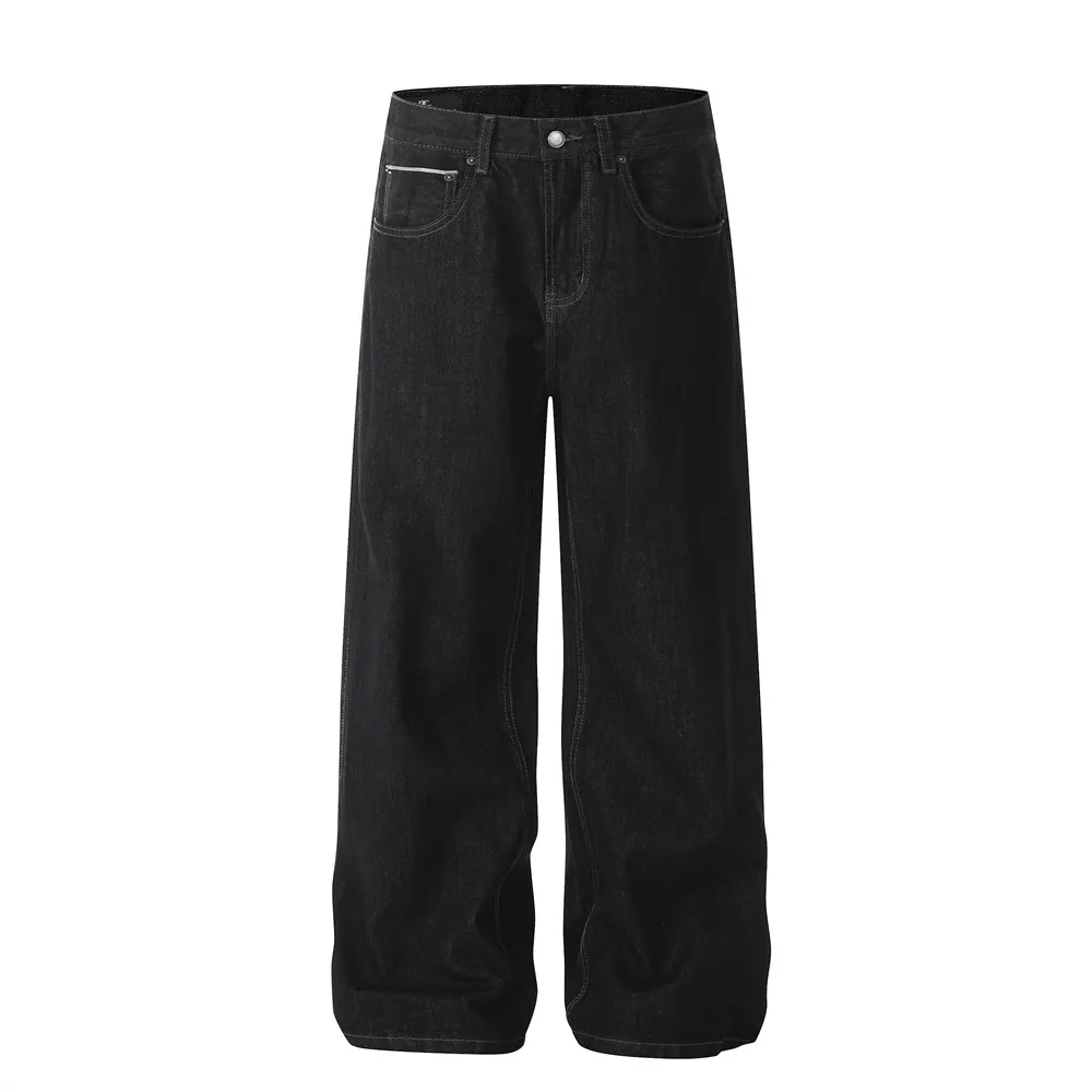 Pocket Raw Denim Hosen Herren Einfarbig Retro High Street Gerade Breite Bein Dunkle Jeans Männer – Detail 6