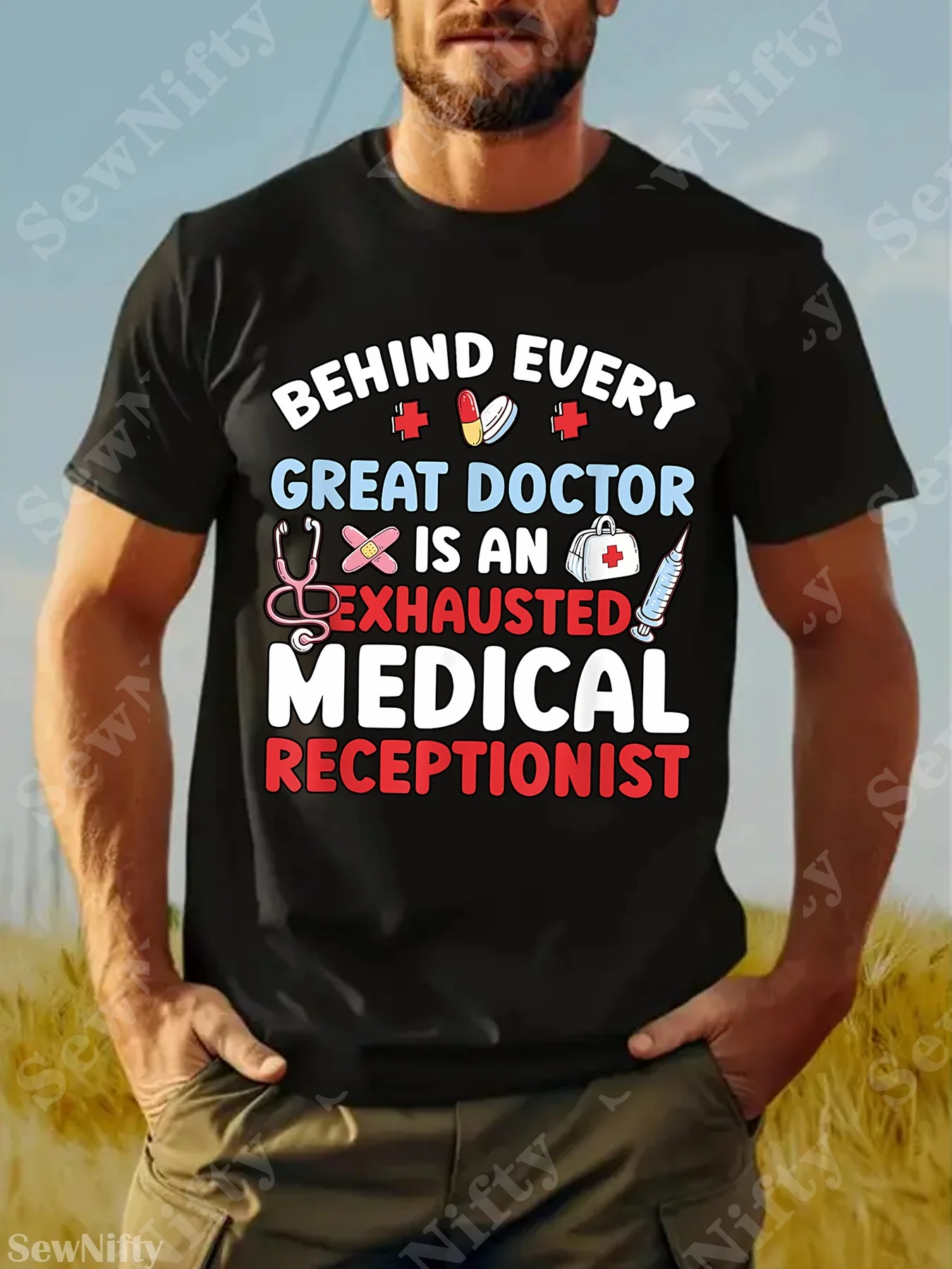 Men's Funny Exhausted Medical Receptionist T-Shirt - Ultra-Soft Breathable Tee with Medical Receptionist Humor, Comfort Fit Crew