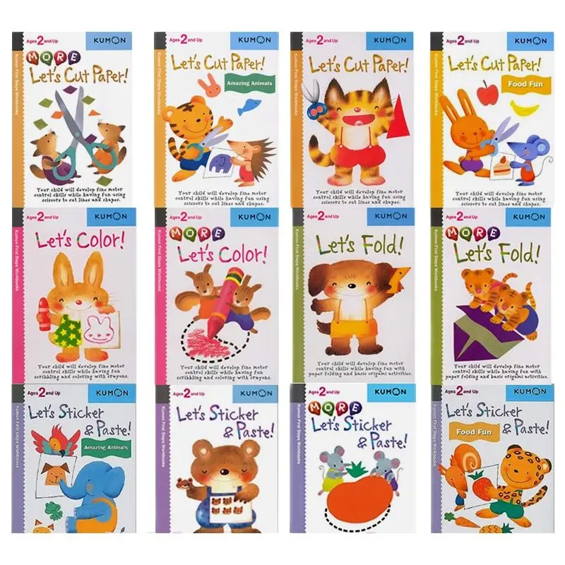 

12 pcs/set Kumon Let's Cut Paper first step workbooks picture books for kids children Origami paper cut sticker handmade books