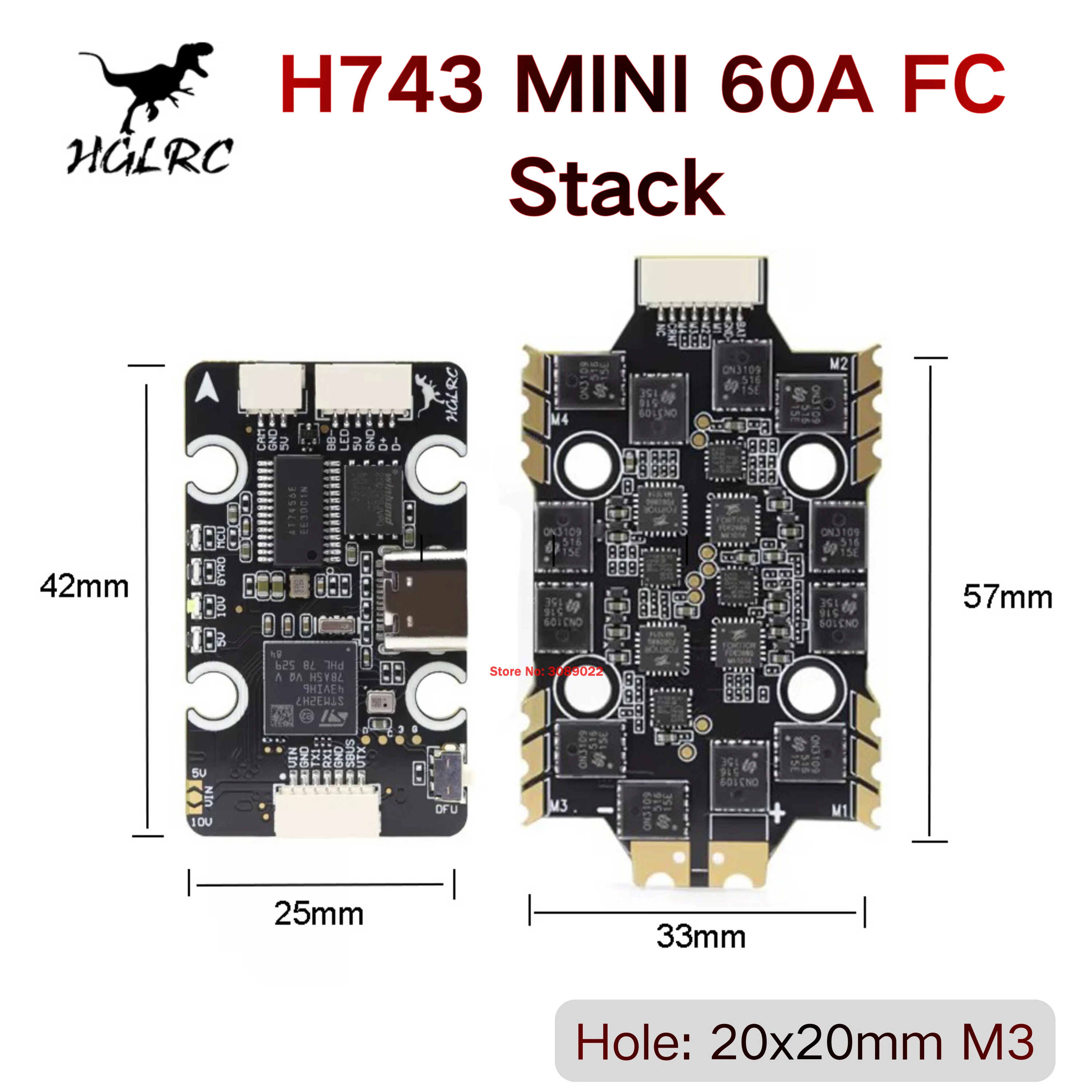HGLRC H743 Mini Flight Controller 60A 4IN1 BLHeli_S M-H-30 ESC 20x20mm Stack For RC FPV Free Racing Drone Nblade MAX Parts