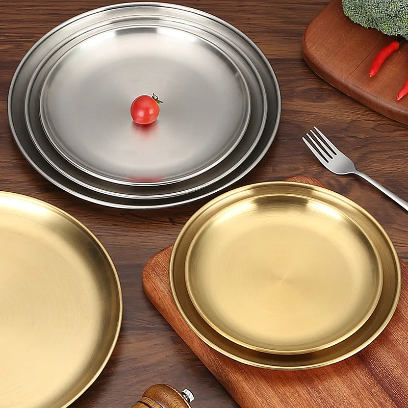 Camping Korean brushed stainless steel disc gold coffee shop tray fruit tray cake tray bone dish dish shallow dish