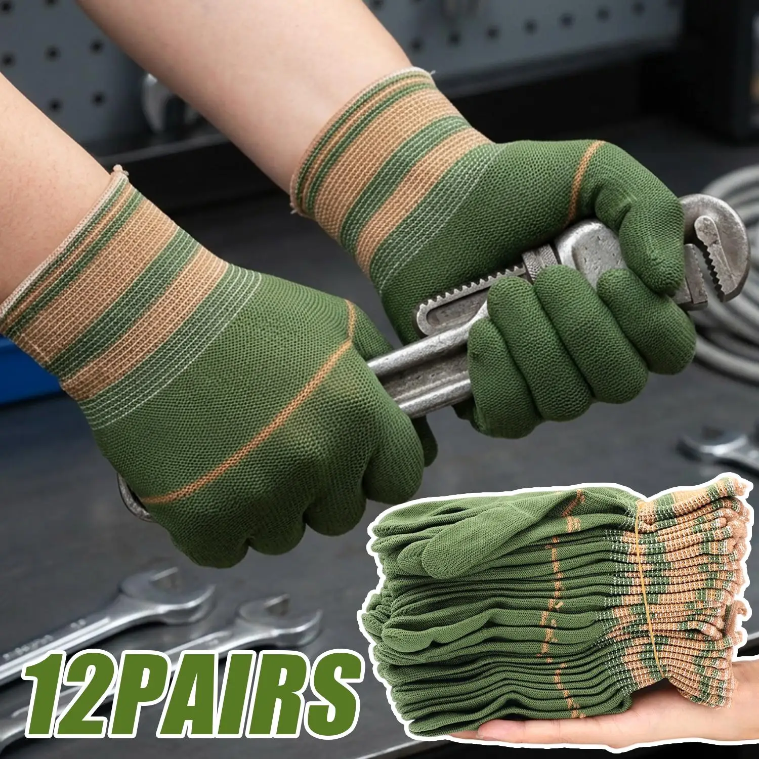 1/12Pairs Nylon Two-color Dust-free Gloves Light Breathable Elastic Knitted Mittens Non-slip Auto Repair Machinery Work Gloves