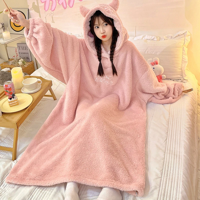 

New Demon Nightgown Winter Coral Plush Thickened One Piece Home Fur Couple Loose Oversized Pajamas Pink Grey Black Pajamas