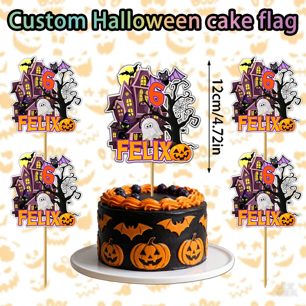 1pc Celebrate Halloween Birthday Cake Topper - Spooky Castle Bat Pattern Design, Customized Age & Name, Halloween Decoration view 5