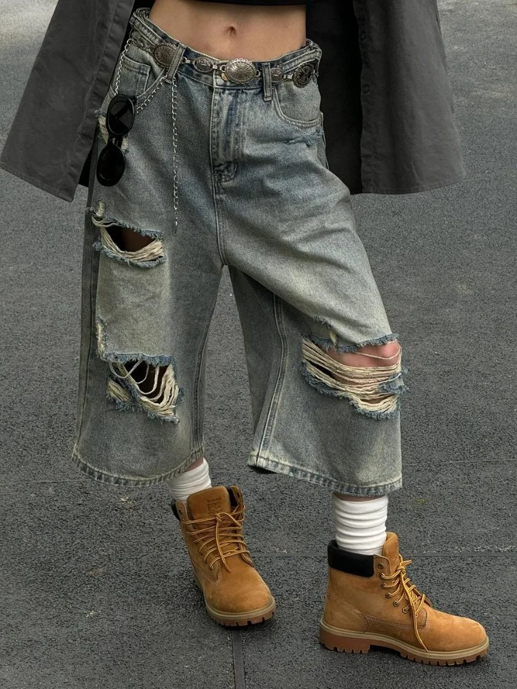 Vintage Blue Ripped Short Jeans Women Oversized Distressed Jorts Y2k Grunge Baggy Boyfriend Denim Shorts Wide Streetwear