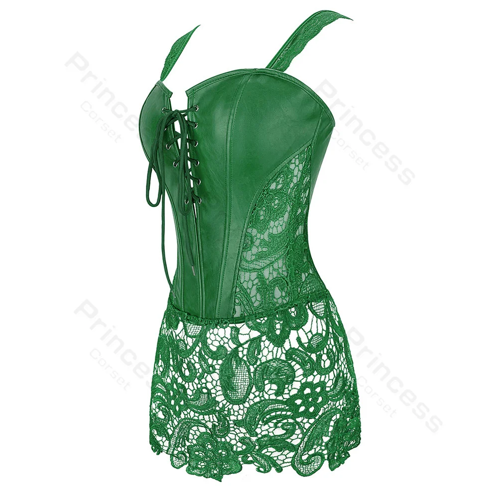 Corset with Straps Faux Leather Dress Corsets for Women Lace Up Gothic Costume Sexy Lace Bodice Corset Top Plus Size Green Black