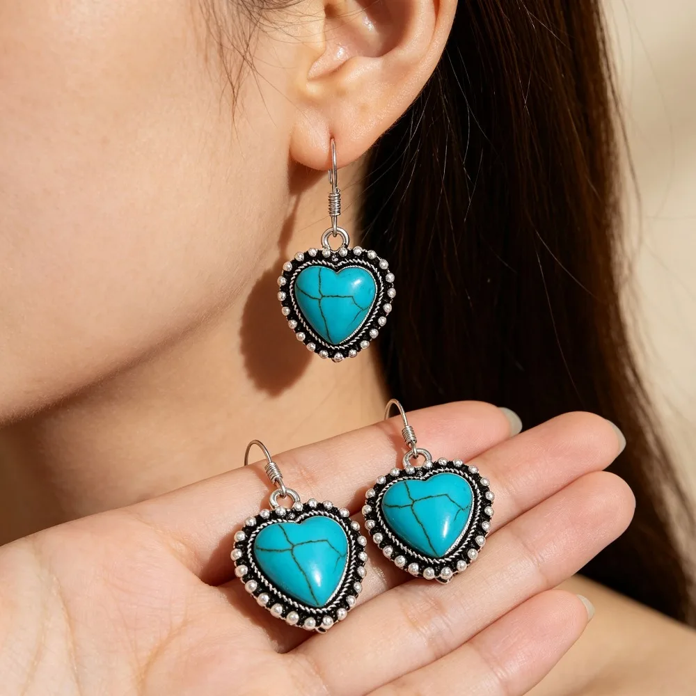 Retro Ethnic Turquoise Alloy Edge Earrings Random Pattern Charming Women Earrings Party Jewelry Mom Gift Accessories
