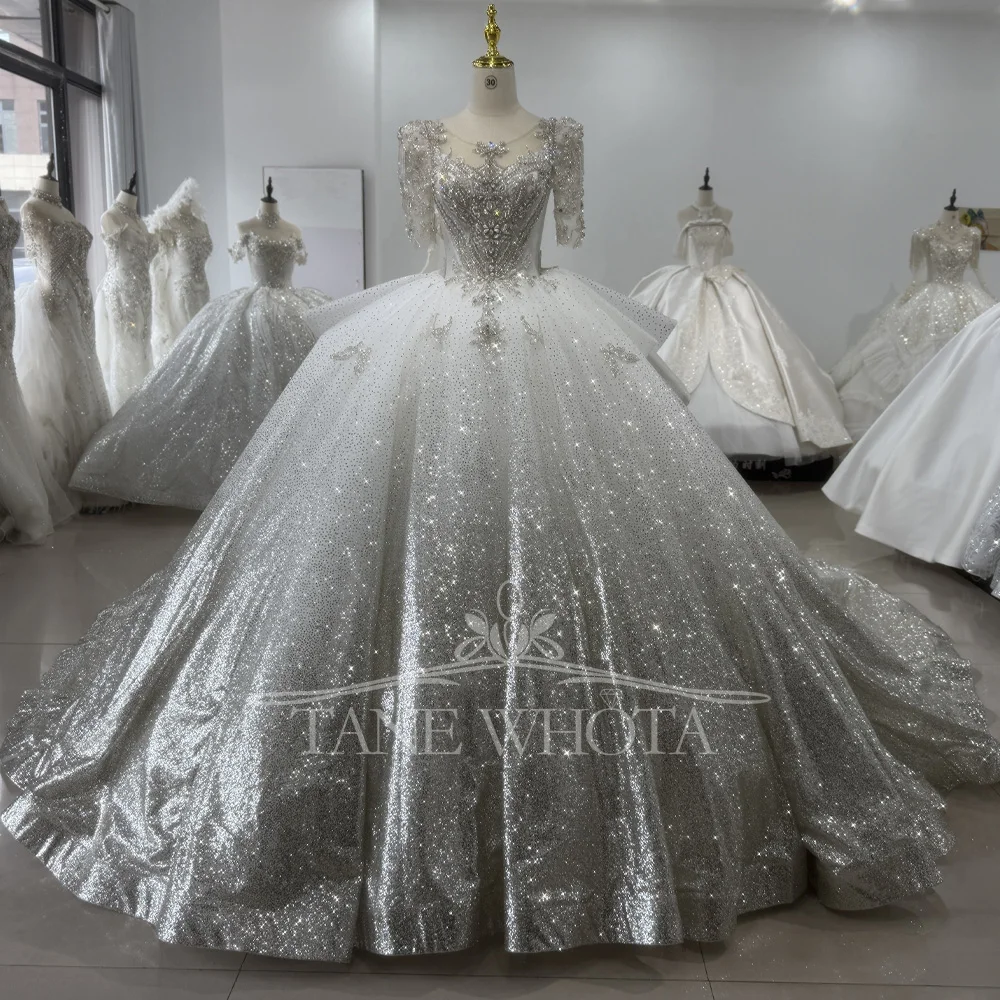 Silver Bridal Wedding Dress O Neck Lace Up Back Ball Gown Weeding Dress Sequins Beading Crystal Luxury Bridal Dress