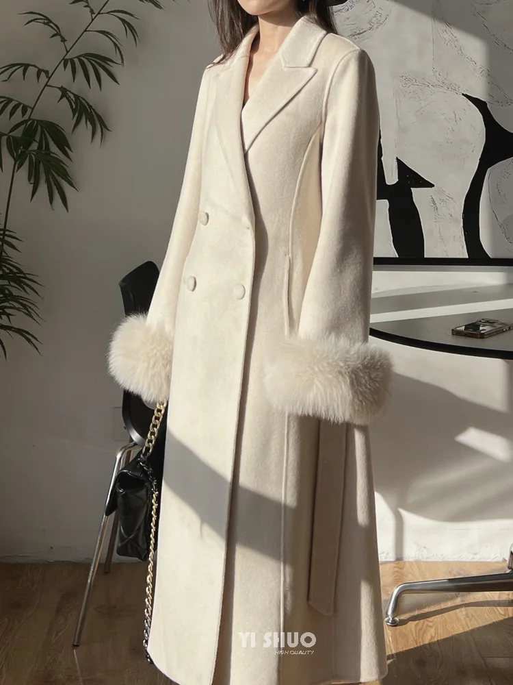 

Korean High-end Fox Fur Sleeves Slimming Fit Double Sided Wool Cashmere Coat Women Suit Long Woolen Maxi Jacket Tailored Collar