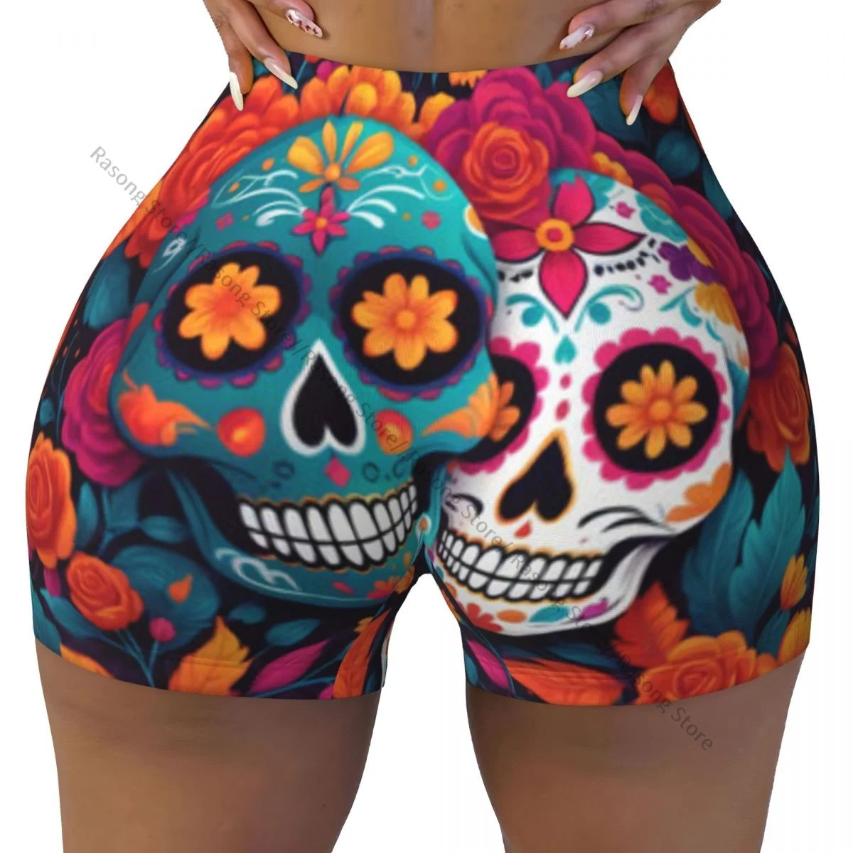 Spandex Yoga Shorts for Women Colorful Sugar Skull Print Workout Booty Shorts