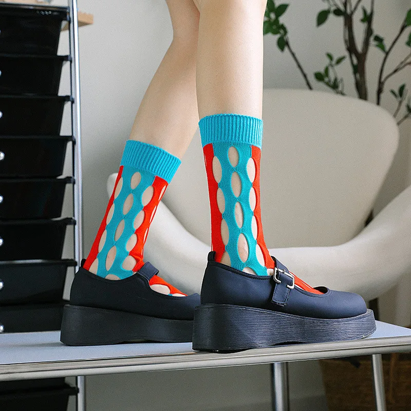 

Summer Women's Mid-tube Chic Fashion Hollow Out Mesh Contrasting Colors Cotton Socks Street Soft Japanese Personality Hole Sox