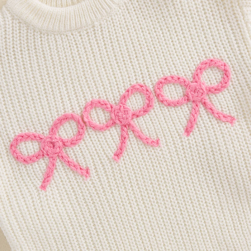 Newborn Girl Sweater Casual Bow Embroidery Warm Knitted Long Sleeves Pullover Infant Knitwear for Toddler