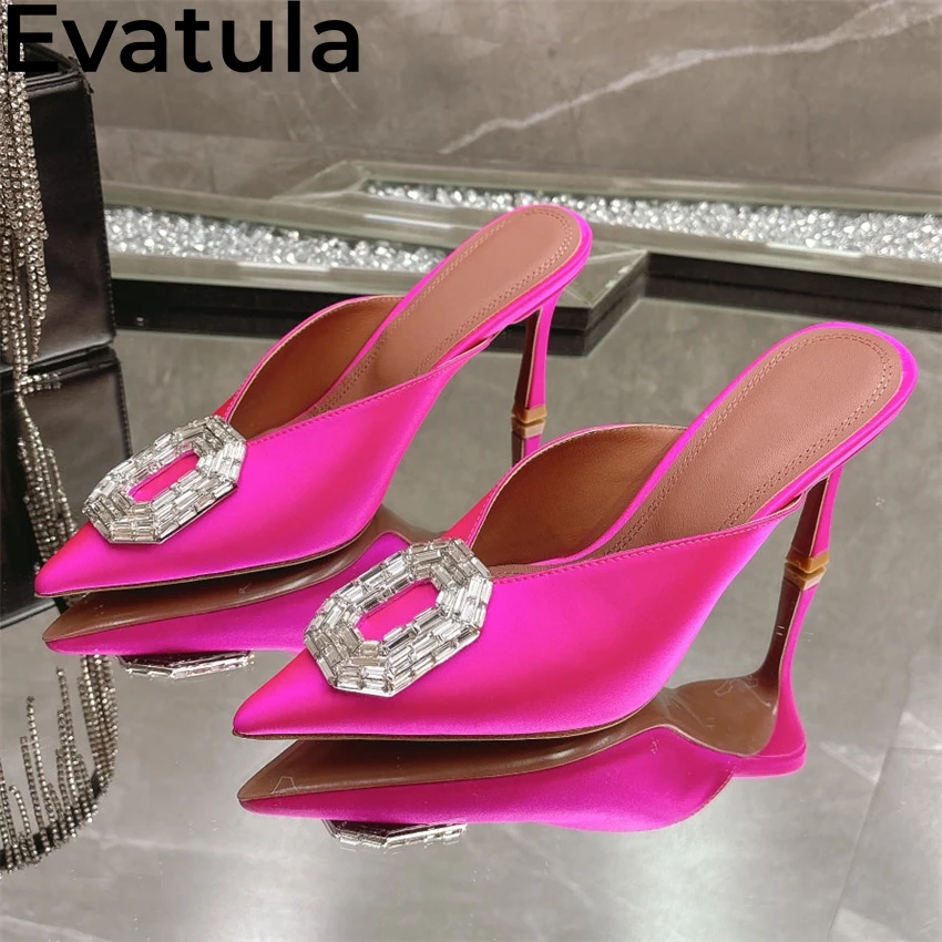 2025 Summer Fashion Rhinestone Thin High Heel Half Slippers Women Pointy Wrap Toe Crystal Mules Sexy Runway Party Shoes Female