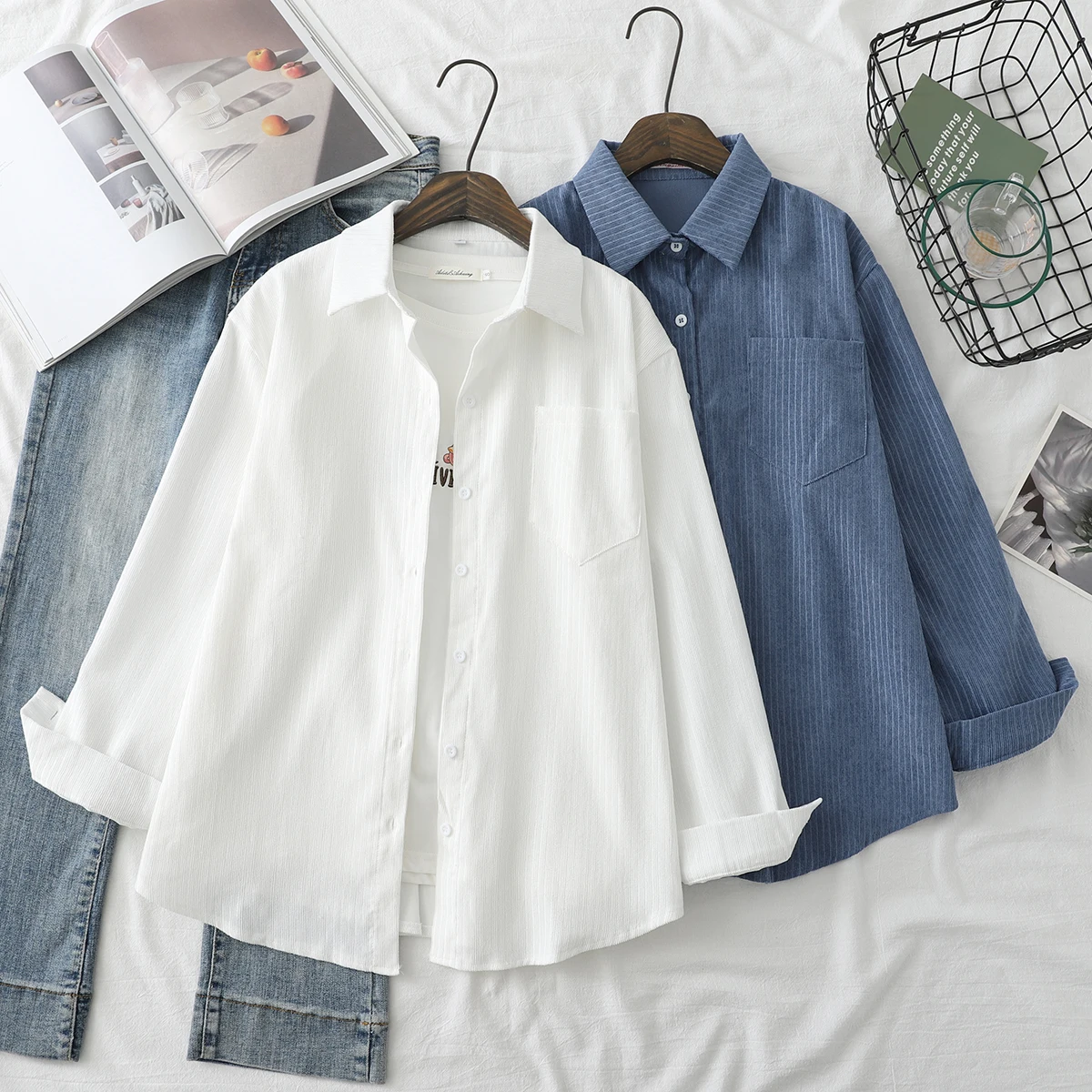 Camisas de pana fresca para mujer, camisa informal holgada de