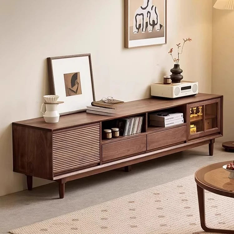 خزانة تلفزيون من خشب البلوط الجوز الأسود، خزانة تلفزيون بسيطة من الخشب الصلب بالكامل، خزانة صوتية وبصرية لغرفة المعيشة المنزلية #5