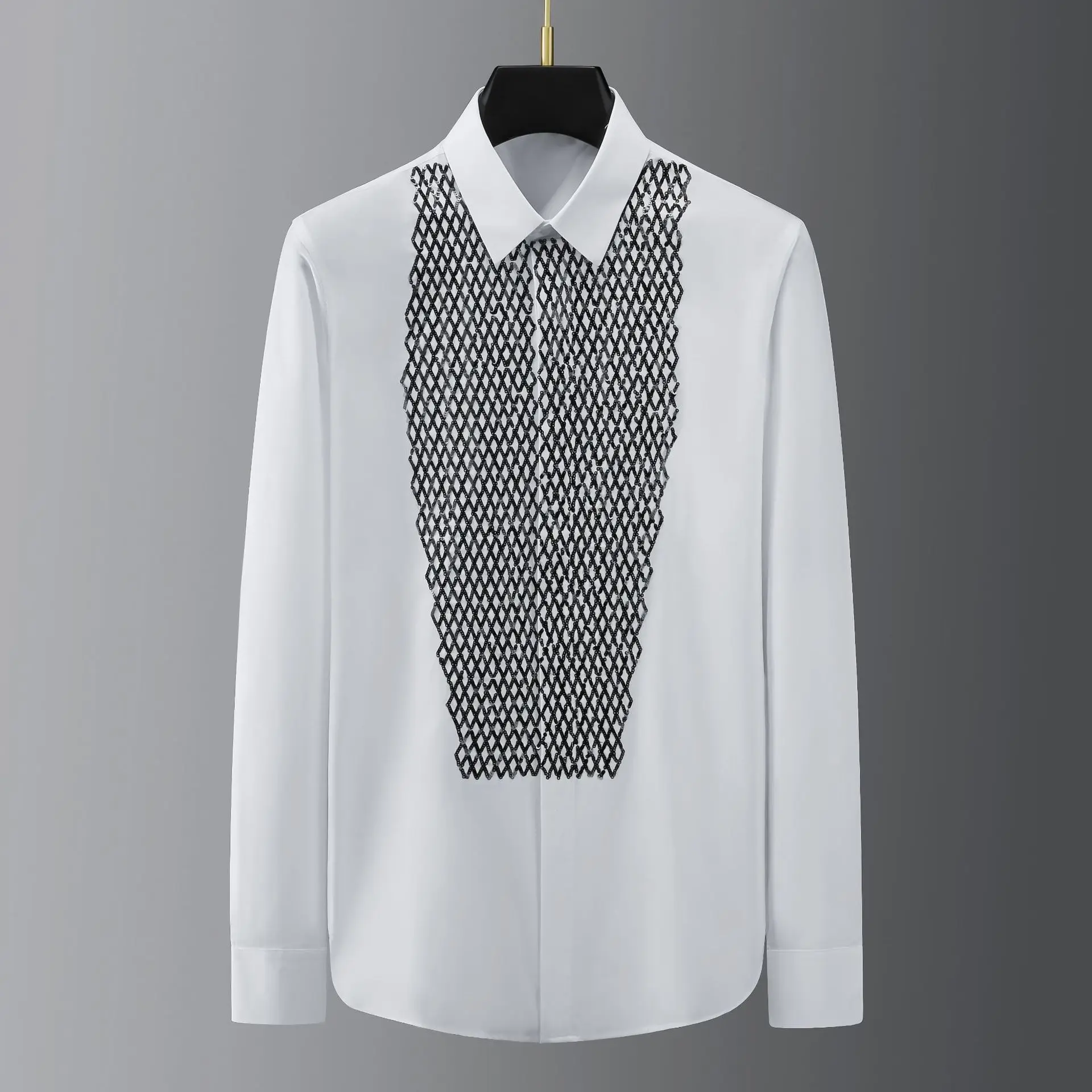 Brand Sequins Shirts Men Cotton Long Sleeve Slim Business Formal Dress Shirt Star Stage Social Party Blouse Men Clothing 2024