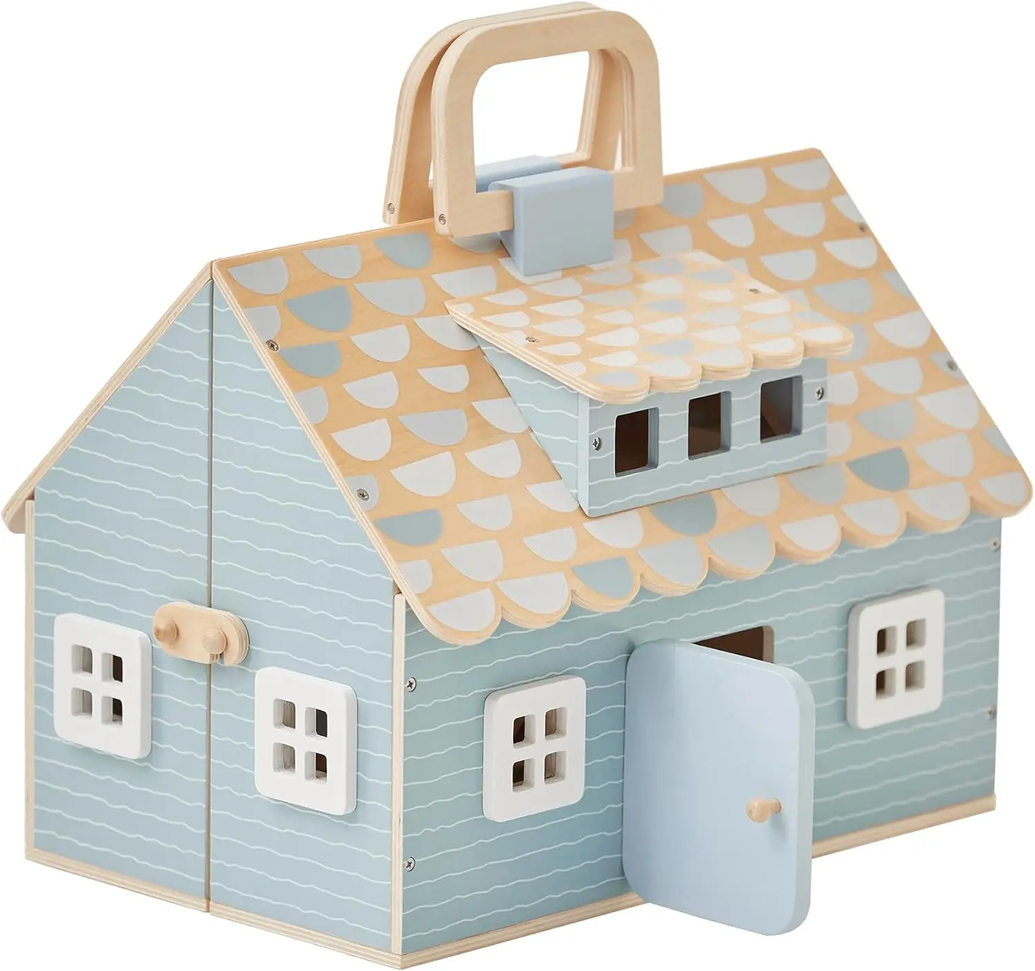 Hölzernes Cottage-Puppenhaus mit 12 Zubehörteilen und 4 Figuren – tragbares 2-stöckiges Spielhaus für 3,5-Zoll-Puppen – faltbares Miniaturspielzeug