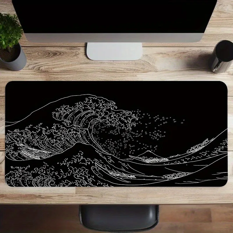 Japanese Black Sea Wave Large Mouse Pad, Extended Gaming Mouse Pad, Learning Pad, Office Pad, with Edge Stitching, Rubber Base