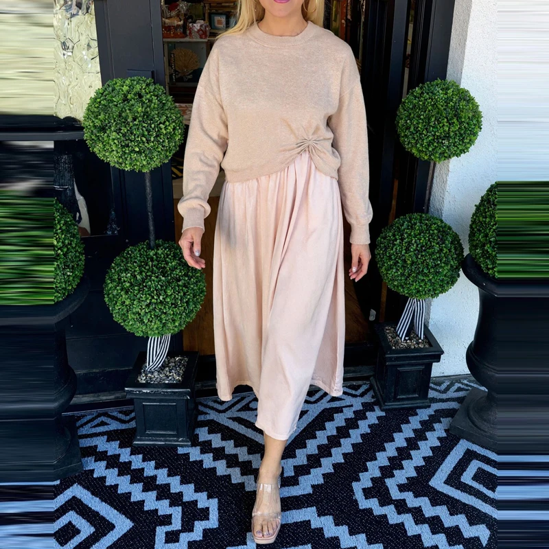 Simples e elegante roupas de festa feminino o-pescoço manga comprida camisola e vestido conjunto de duas peças novo outono casual sólido terno de deslocamento