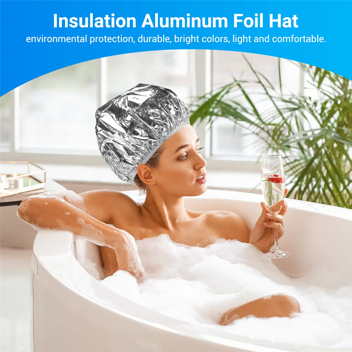 Shower Cap Heat Insulation Aluminum Foil Hat Elastic Bathing Cap for Women Hair Salon Bathroom -Silver SQ