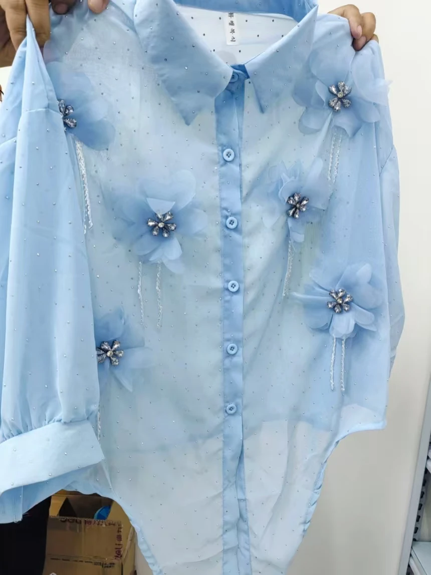 

Реальные фото: Синие блузки-рубашки с блестящими стразами для женщин, модный укороченный топ, весна-лето 2026, женская одежда, блузы
