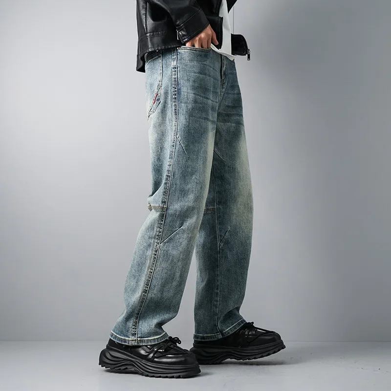 

LIBIELIY Four Seasons Men's Washed Light Blue Loose Casual Trendy Jeans Pants Spliced Solid Color Wide Leg Denim Trousers Stree