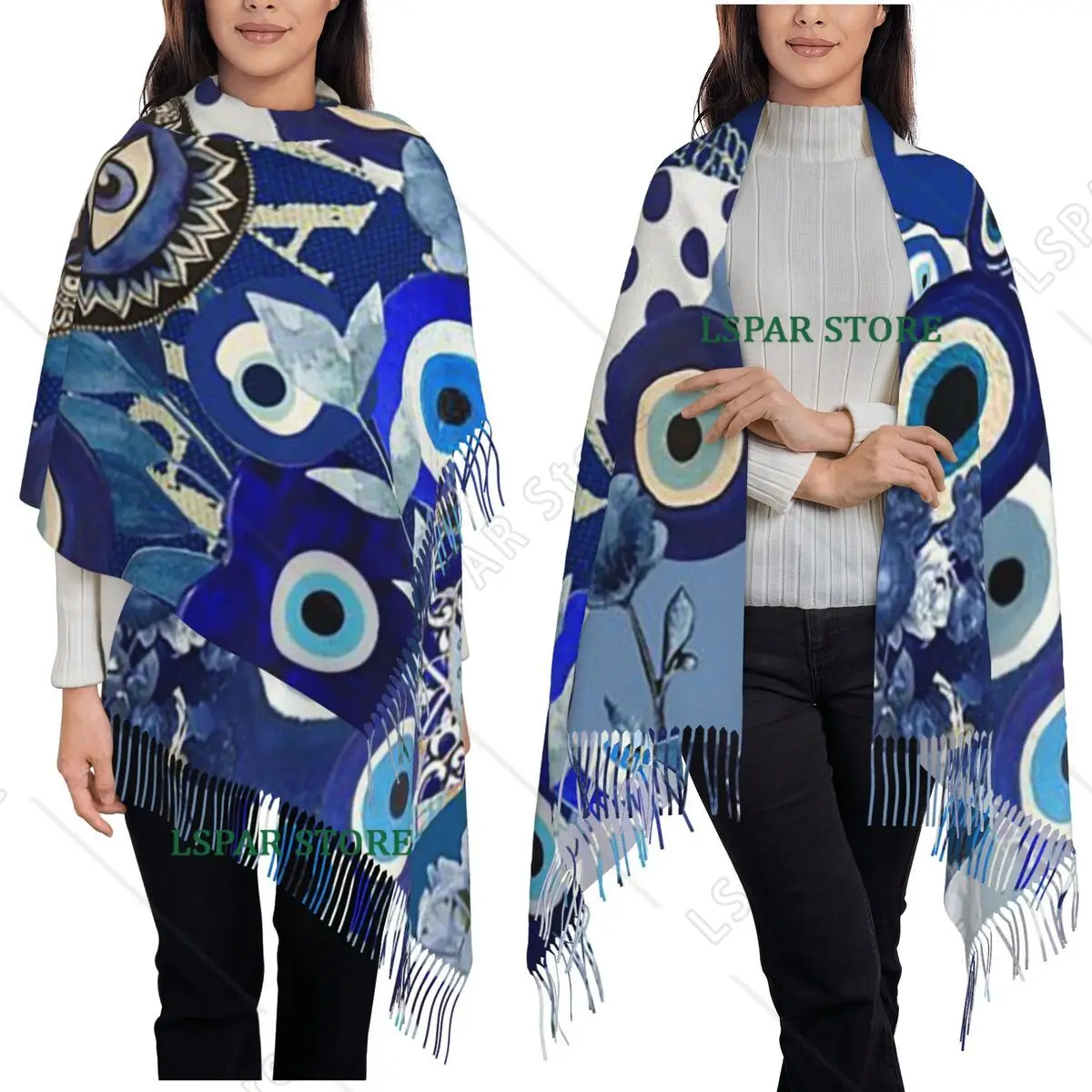 Evil Eye Nazar Painting Scarf Tassel Scarves Women Soft Warm Shawls and Wraps Large Fall Winter Shawl Wrap