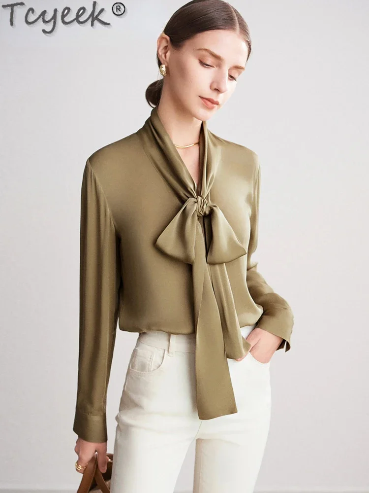 

Silk Tcyeek for Woman 93%Silk 7%Spandex Solid Long Sleeve Bow Collar Office Chic Blouse Shirt 2024 Spring Shirts