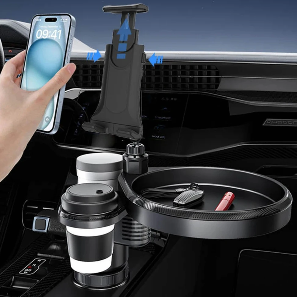 Universal Car Cup Holder Tray with Adjustable Phone Tablet Holder, 2 Drink Holders Organizer, Essential Road Trip Travel Gadget