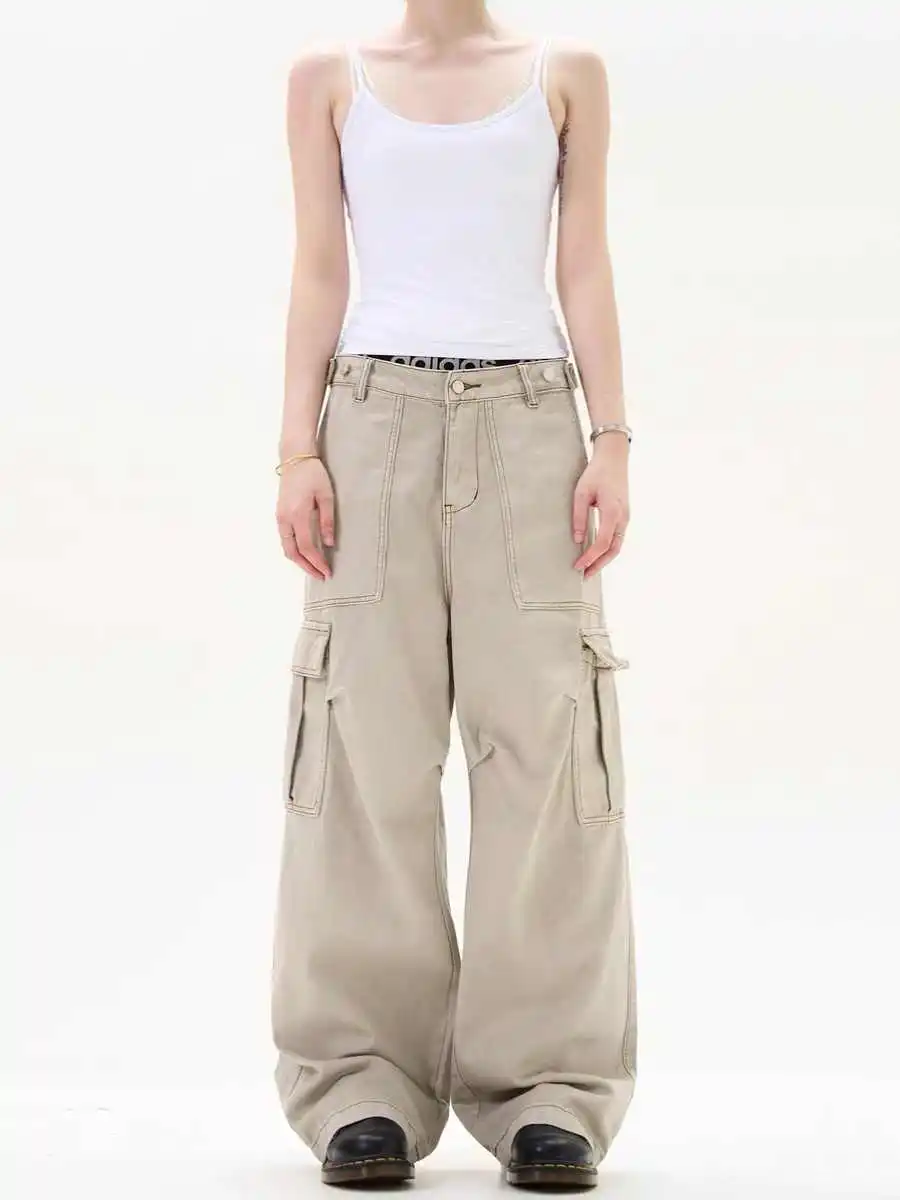 

Women Khaki Y2k Cargo Pants Harajuku Oversize Wide Leg Pants Japanese 2000s Style 90s Vintage Emo Boyfriend style Trousers 2025