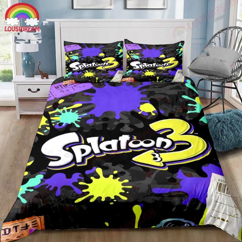 Cartoon Splatoon 3 PC Gamer Bedding Set Sheet King Twin Double Child Bedding Set Mircofiber or Polyester Duvet Cover